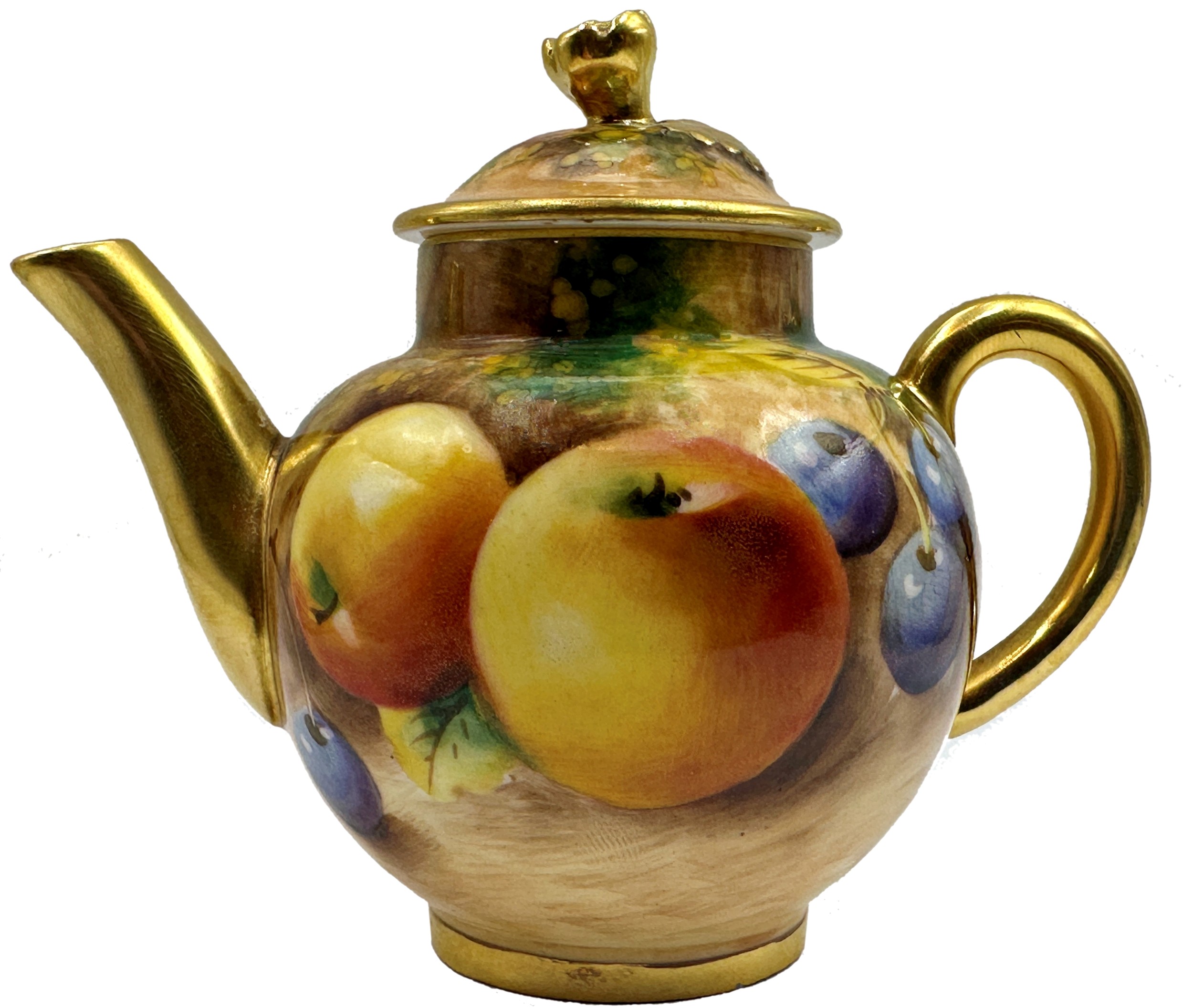 Royal Worcester hand painted miniature teapot by Frank Roberts, fruits in a grotto setting, gilt
