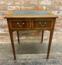 Edwardian mahogany and satinwood crossbanded writing table, inset leather top, two drawers and brass