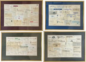 Set of four collages of vintage receipts from famous retailers, each collage have a differing