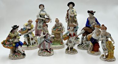 Collection of ten Sitzendorf porcelain figures, the largest 24cm high