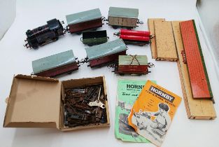 Collection Of Hornby Clockwork Trains, Carriages, Track & Accessorys To Include 3 82011 Locomotive
