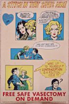 Vintage Comic Poster 'A Stitch In Time Saves Nine, Free Safe Vasectomy' printed from an original