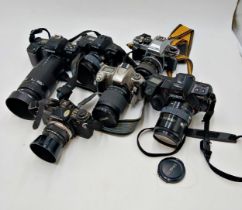 Quantity of SLR cameras with lenses to include Nikon, Minolta & Olympus examples (6)