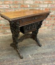 Exceptional quality Anglo Burmese / Indian padauk work table, the top with darted borders upon a