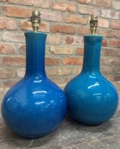 Pair of turquoise glazed porcelain bottle neck table lamps, 40cm high (2)