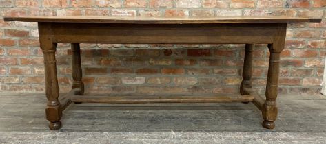 18th century and later oak refectory table with plank top, good gun barrel legs, H frame stretcher