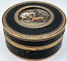 18th Century French lacquered tortoiseshell trinket box. The lid with inset hand painted porcelain