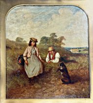 Alfred H Green (fl. 1844-1878) - 'Teaching a Dog', two children and a terrier in a field,