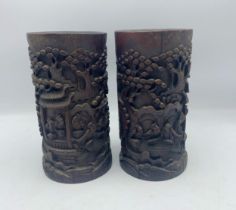 Pair of carved Chinese brush pots, H 22.5cm x 9cm diameter (2)