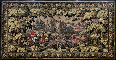 Large Belgian woolwork tapestry panel, medieval castle with birds, trees and foliage, 108 x 205cm