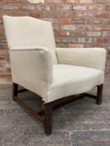 Period Howard style lounge chair, serpentine seat and back with hessian upholstery, carved and