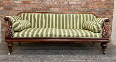 Good quality Victorian mahogany scroll end sofa, corduroy and diaper and candy stripe upholstery wit