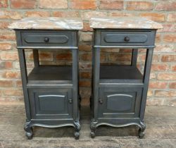 Pair of French painted marble top bedside cupboards each fitted with a drawer and cupboard door upon
