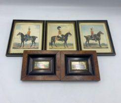 Pair Of Framed Regency Miniature Watercolours With Three Antique Military Prints (5)