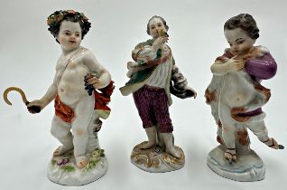 Three 19th century Meissen porcelain figures of Winter putti, Bacchus putti and Gardener, 13cm