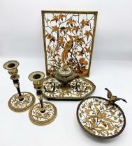 French Empire Brass & Bone Goats Head Inkwell, Candlesticks, Pin Tray & Panel, with monogram and