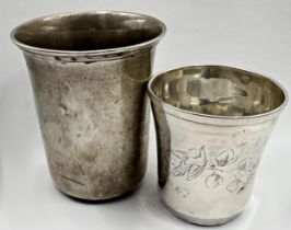 Early probably Elizabethan silver beaker, engraved with birds and foliage, indistinct mark to