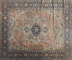 Massive antique Caucasian Country House carpet, large central blue medallion on washed ground, 400 x