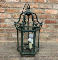 Good quality patinated bronze and glass hall lantern, hexagonal form, 65cm high