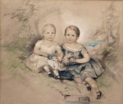 19th century school - portrait of two children, unsigned, pastel, inscribed Harrods of London