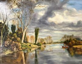 G* Pfyffer (20th century) - boating lake landscape, signed, oil on canvas laid on board, 70 x