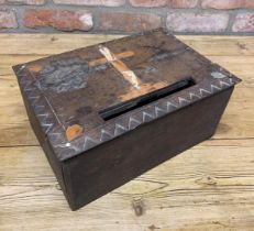 Antique 18th century hand carved oak bible sacrament box, cross inlay to lid, H 16cm x W 35cm (AF)