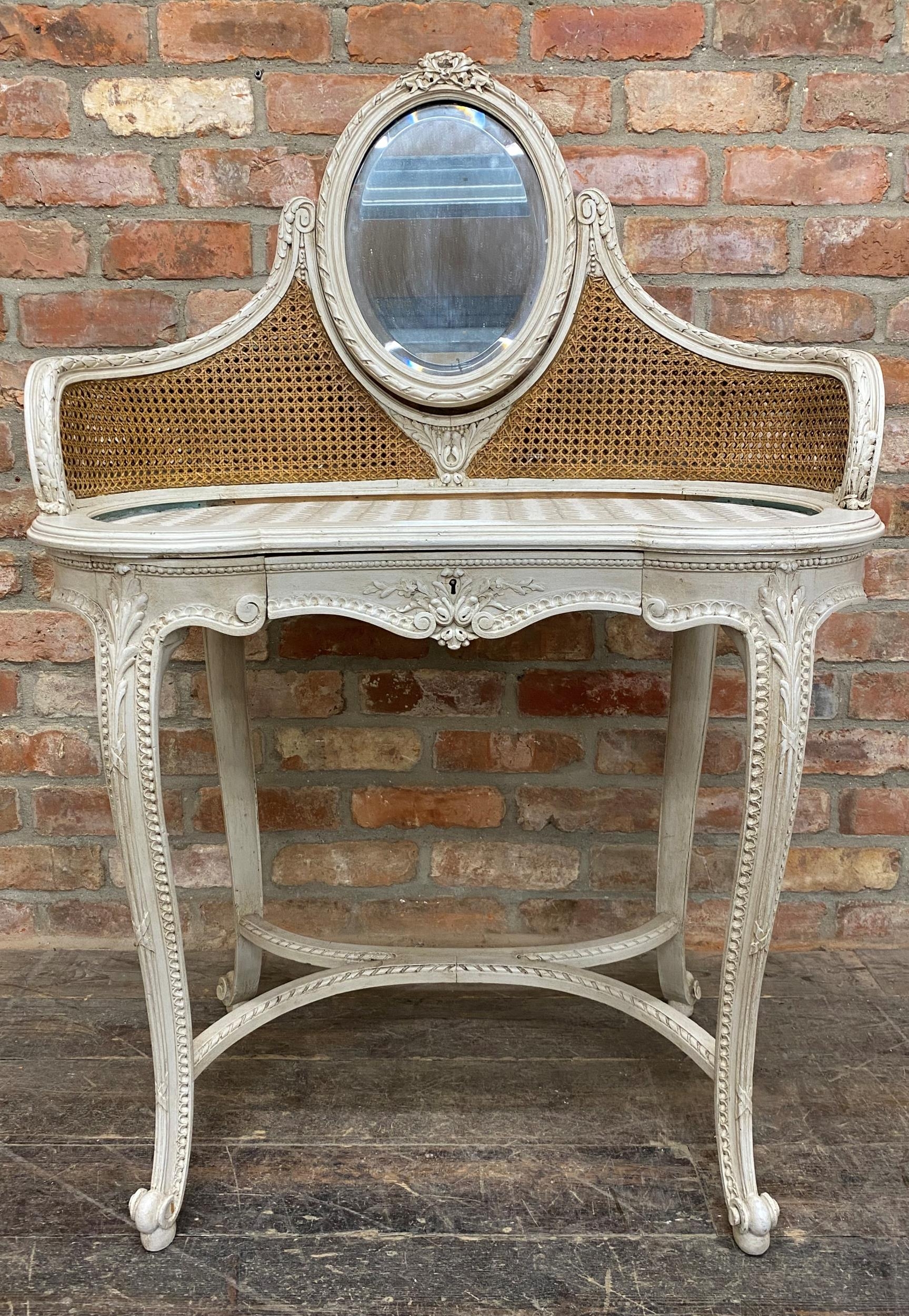 19th century French kidney shaped dressing table, raised mirror and bergere back, fitted with - Image 3 of 5