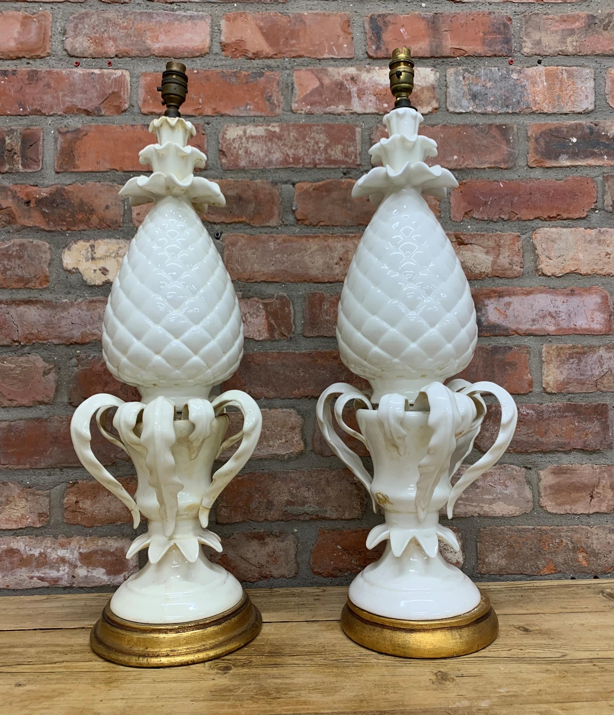 Pair of large Italian creamware pineapple table lamps, H 72cm (AF)