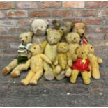 Quantity of antique and vintage mohair straw filled teddy bears, Largest 65cm, some AF (10)