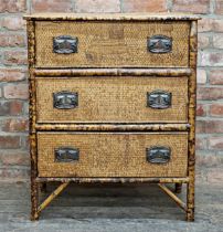 Victorian Aesthetic Movement bamboo and rattan chest of three drawers, H 91cmx W 76cm x D 44cm