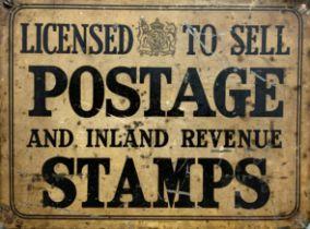 Vintage 'Licensed To Sell Postage And Inlaid Revenue Stamps' tin wall sign, 21cm x 28cm