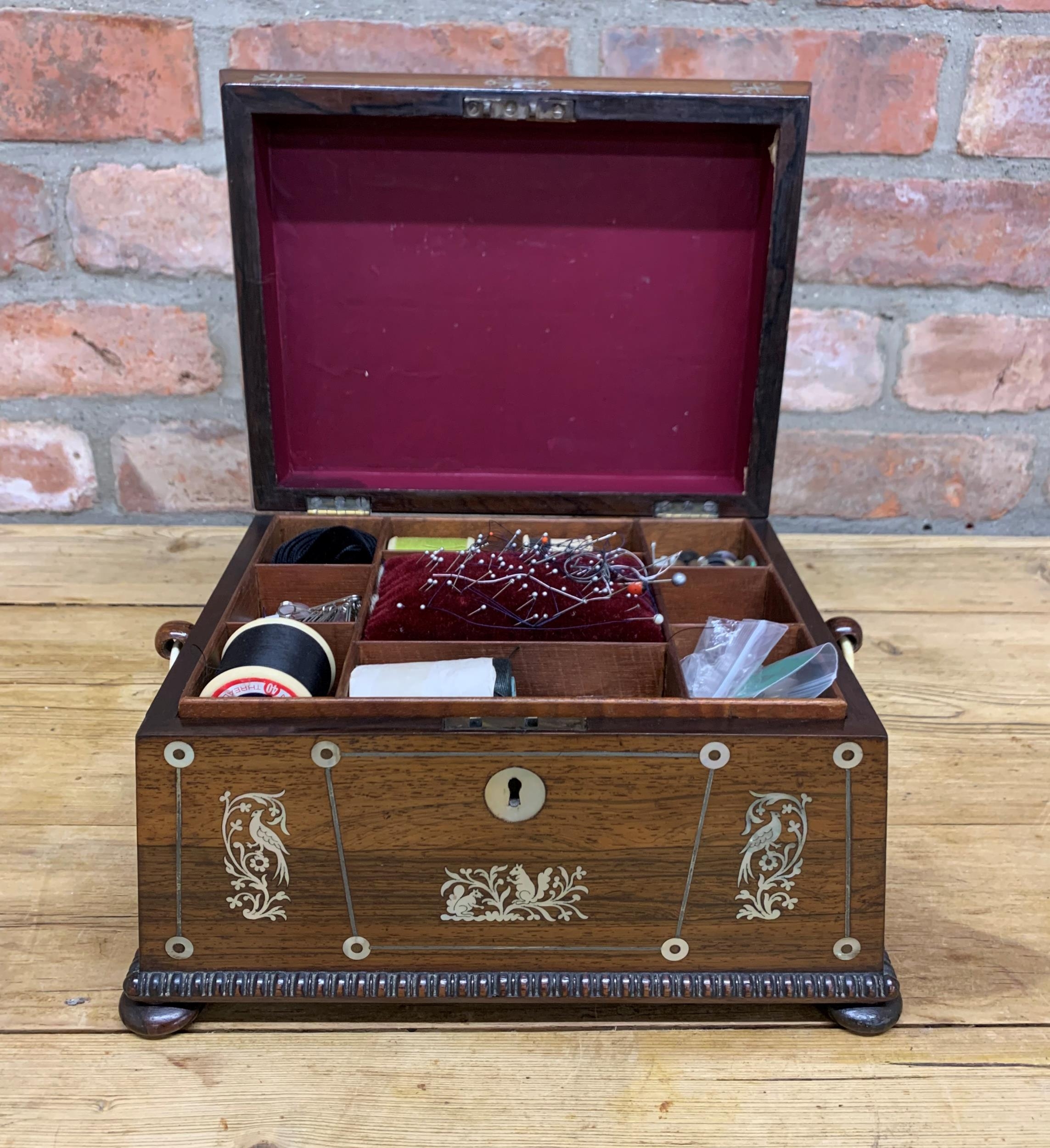 Impressive late Regency rosewood panelled sarcophagus sewing box, having an ornate squirrel and - Image 4 of 5