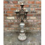 Very large antique French ceramic and wrought iron five branch candelabra centre piece, H 80cm