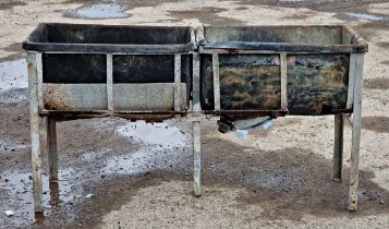 Vintage two sectional dairy trough with rubber liners, H 82cm x W 155cm x D 49cm (AF)