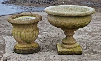 A reconstituted stone two sectional garden urn, H 51cm x DIA 45cm, together with a reconstituted