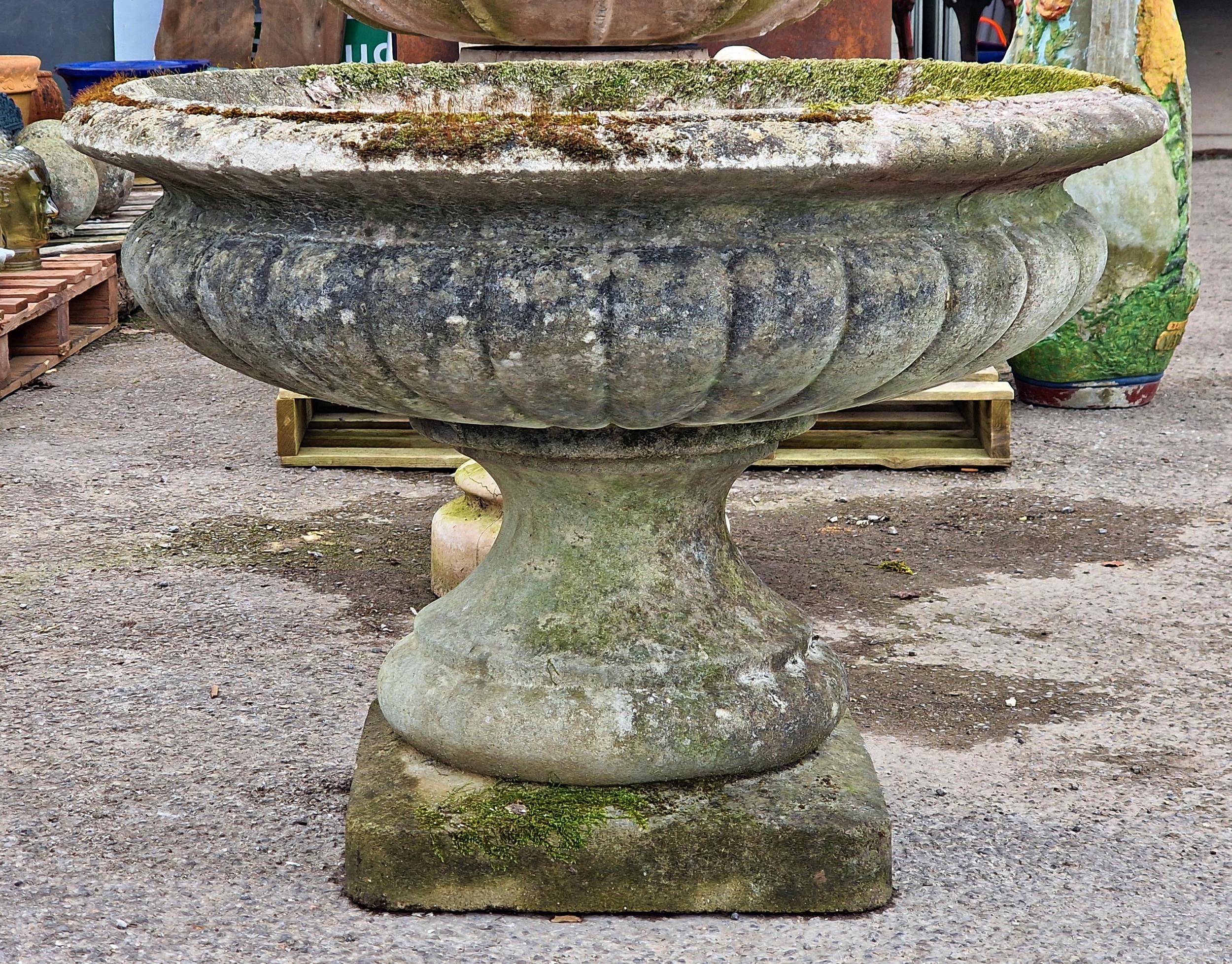 Large Impressive weathered reconstituted stone garden urn with lobed bowl and flared rim, H 70m x - Image 3 of 4