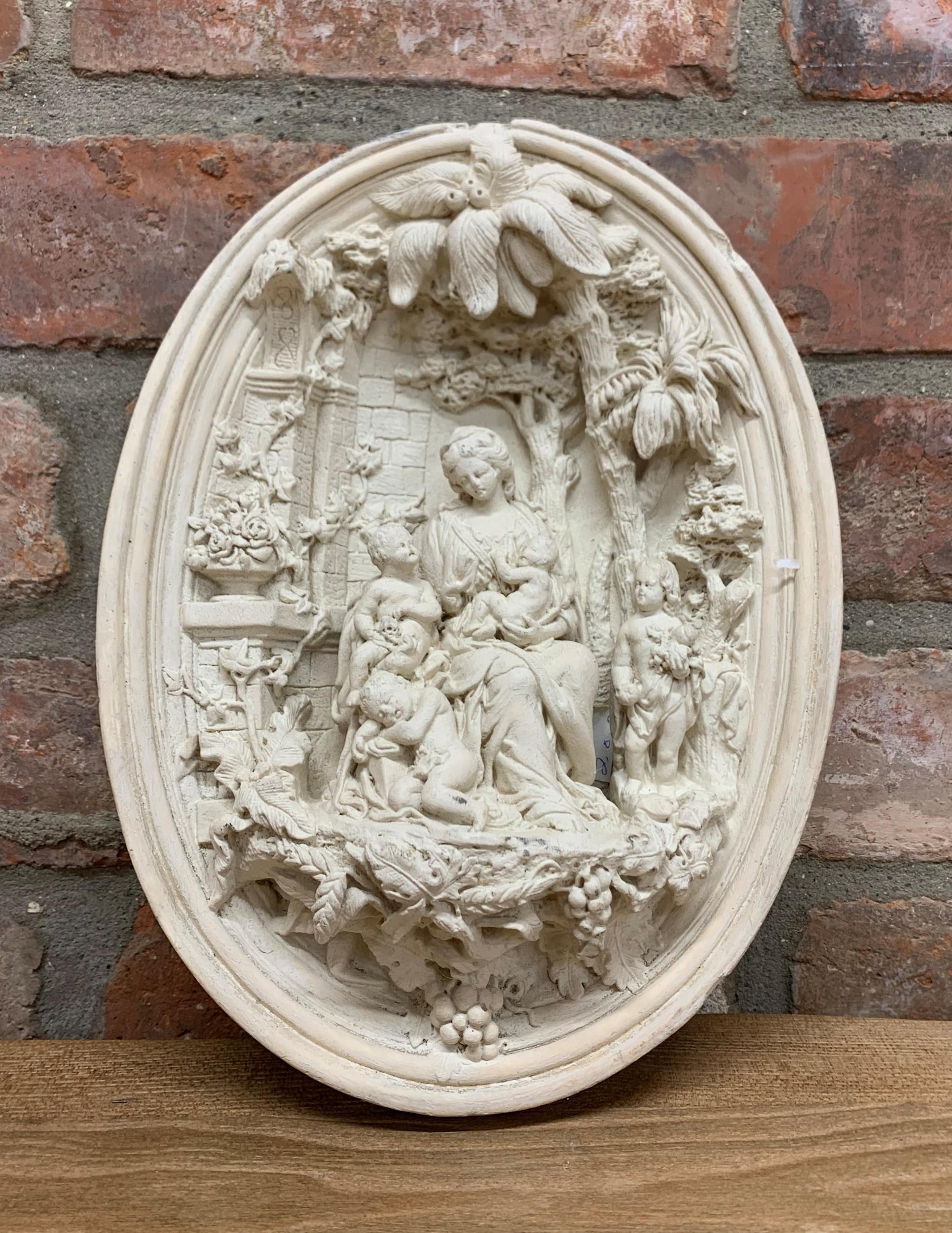 Antique Grand Tour bas relief sculpted plaster display depicting virgin and child, H 30cm x W 22cm