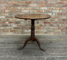 Regency mahogany tripod tilt-top table, good turned column, H 70cm x Dia 74cm