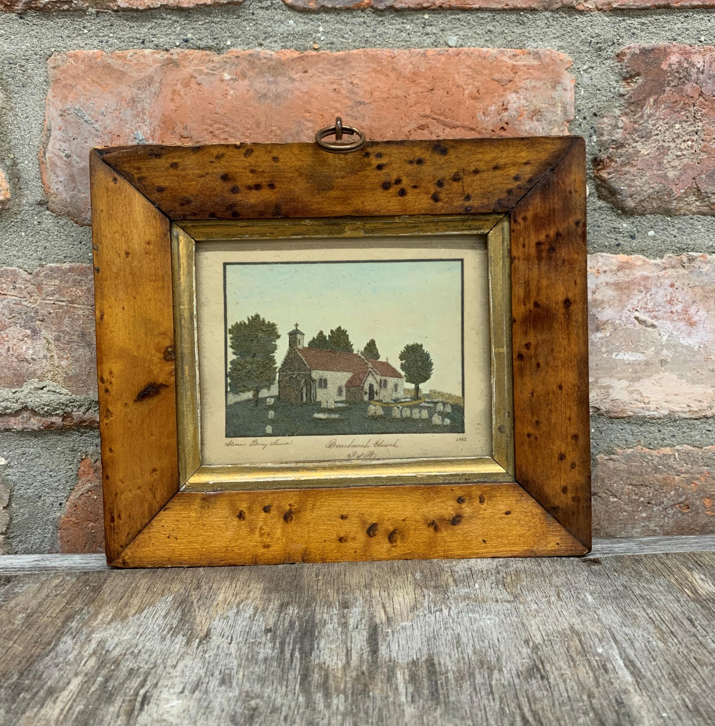 Victorian sand art picture of church, indistinctly signed by artist and dated 1852, 17cm x 20cm