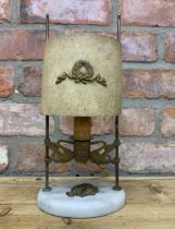 Antique bouillotte lamp with tole ware shade and brass wreath and swan finish, H 31cm