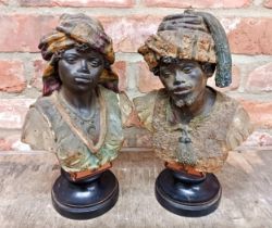 Pair of antique polychrome painted terracotta Orientalist busts attributed to Johann Maresch, H 33cm