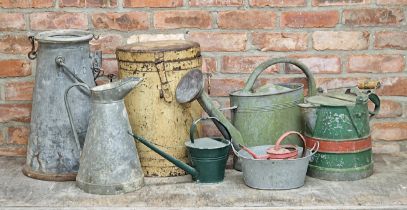 Collection of galvanised metal items to include a milk churn, watering cans, jug etc (8)