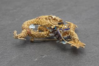 Chinese export silver gilt filigree dragon brooch, with enamel panels, 6 x 8cm