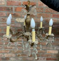 Antique gilt cast metal six branch chandelier, with prismatic glass droplets, 54cm diameter