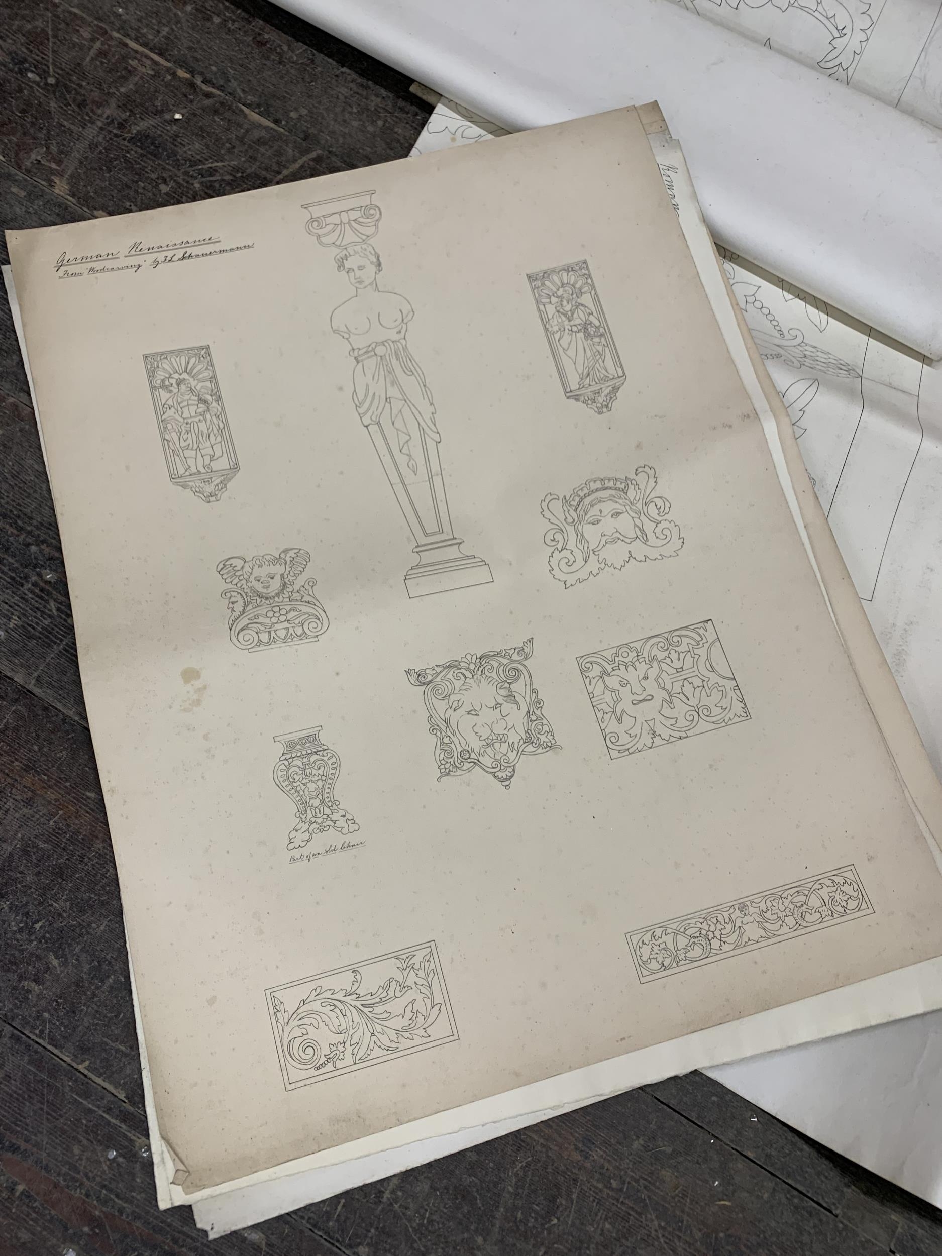 Large collection of original Arts & Crafts sketch drawings of furniture and panel designs, held in - Image 2 of 6