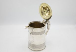 Good Victorian Georgian style lidded beer tankard jug, the lid mounted by a flower, with banded