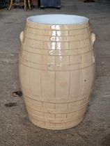 Large heavy saltglaze ceramic barrel with twin handles, H 67 x Dia 43cm