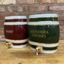 Two large Vitreous China ceramic 'Mendoza Sherry' and 'Port' barrels, H 30cm (AF)