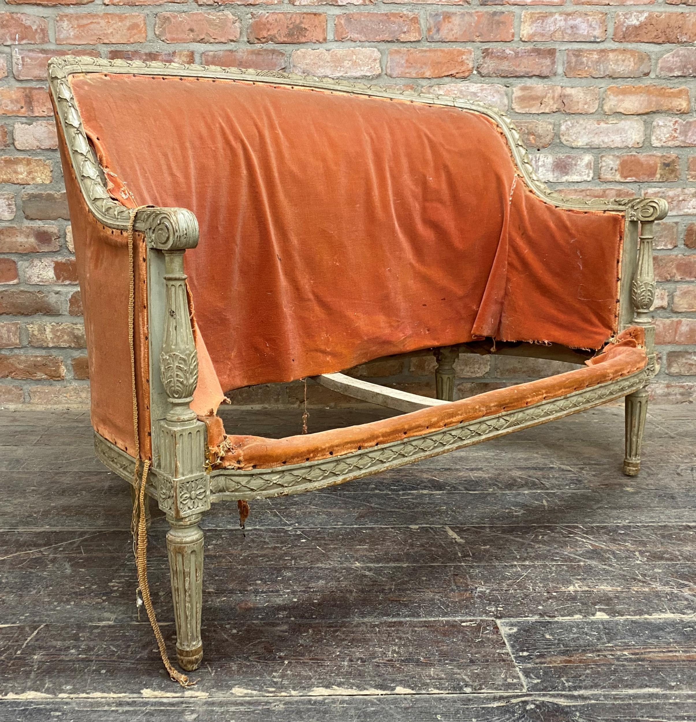 19th century French painted solon sofa and chair, with good carved framework, the sofa 114cm wide ( - Image 3 of 5