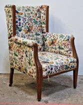 Edwardian inlaid mahogany armchair with floral upholstery H 98cm x W 28cm x D 28cm